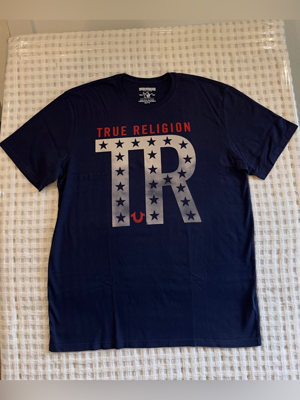 True Religion Navy Short-Sleeve Logo Tee 31” Tall, 23” Wide, 9.5” Sleeve.